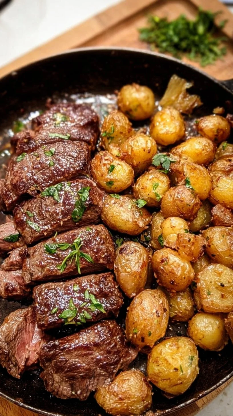 Delicious sirloin steak served with crispy garlic potatoes on a plate