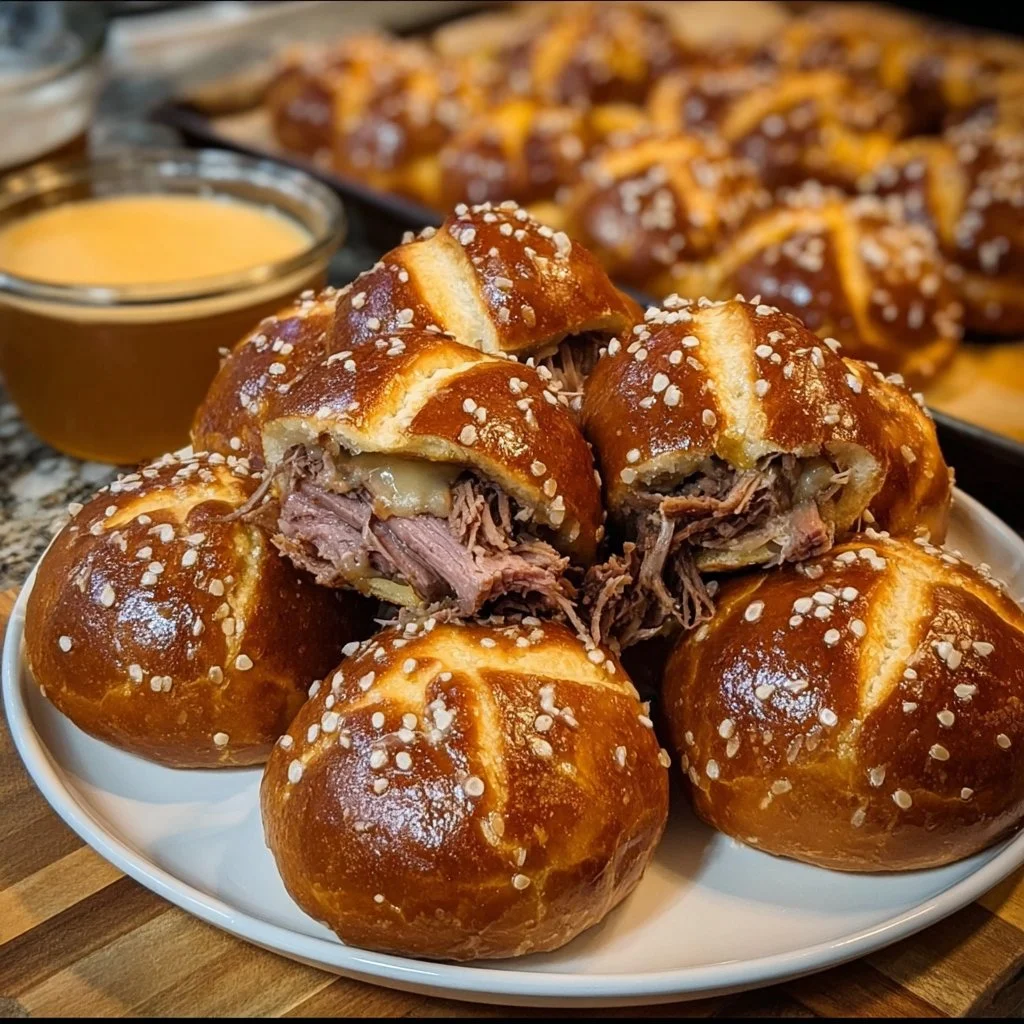 Smoked brisket and beer cheese pretzel bombs for a delicious snack