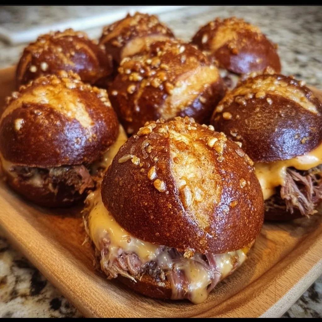 Delicious smoked brisket and beer cheese pretzel bombs ready to enjoy