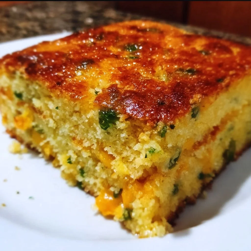 Delicious Southern Cheddar Jalapeño Cornbread Bake served on a rustic table.