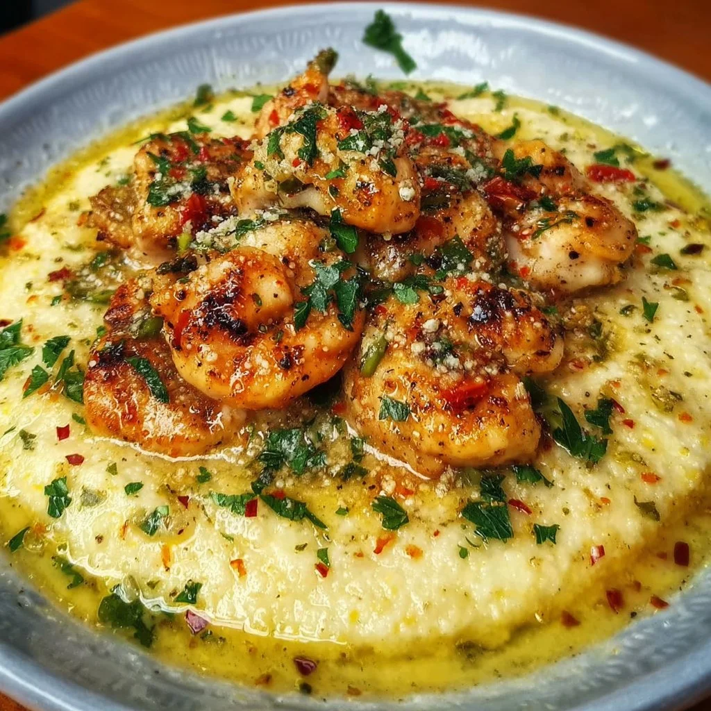Southern Chicken Scampi with creamy Parmesan grits served on a plate