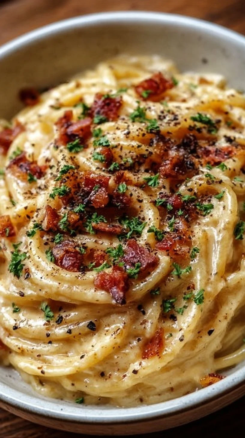 A plate of creamy spaghetti carbonara with bacon and cheese