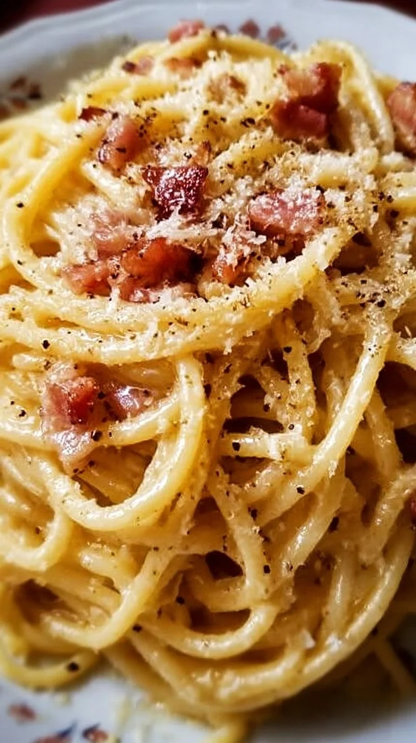 Delicious spaghetti coated in creamy carbonara sauce with garnish