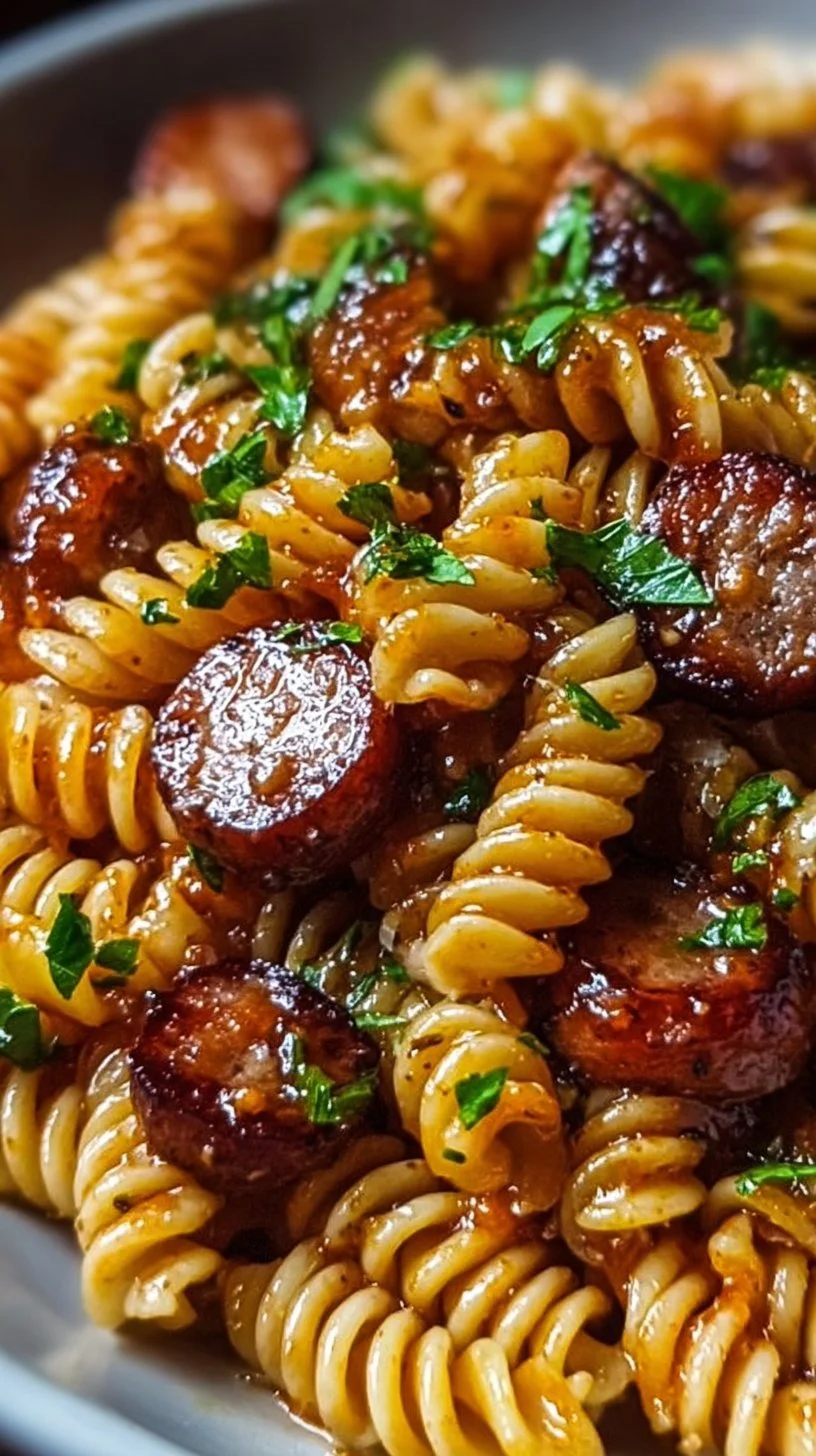 Delicious Spicy Sausage Rotini Pasta dish garnished with herbs