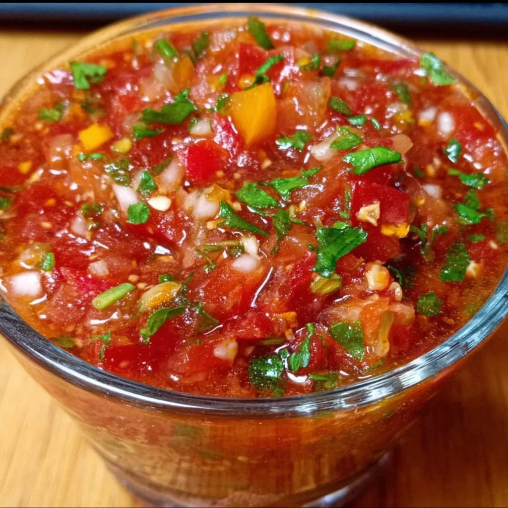 Bowl of spicy tomato salsa with fresh tomatoes and herbs
