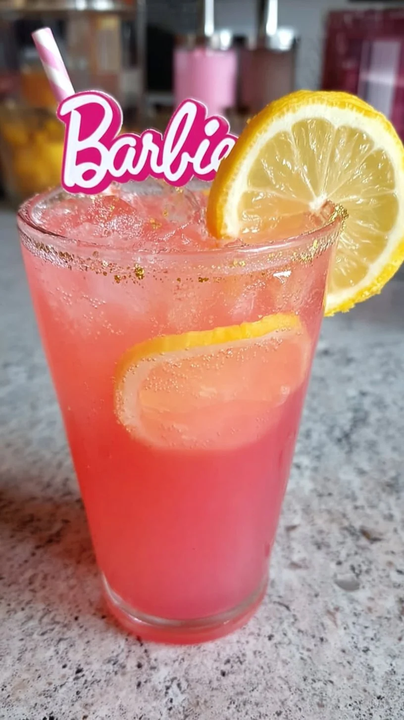 Spiked pink lemonade Barbie drink served in a colorful glass with a straw