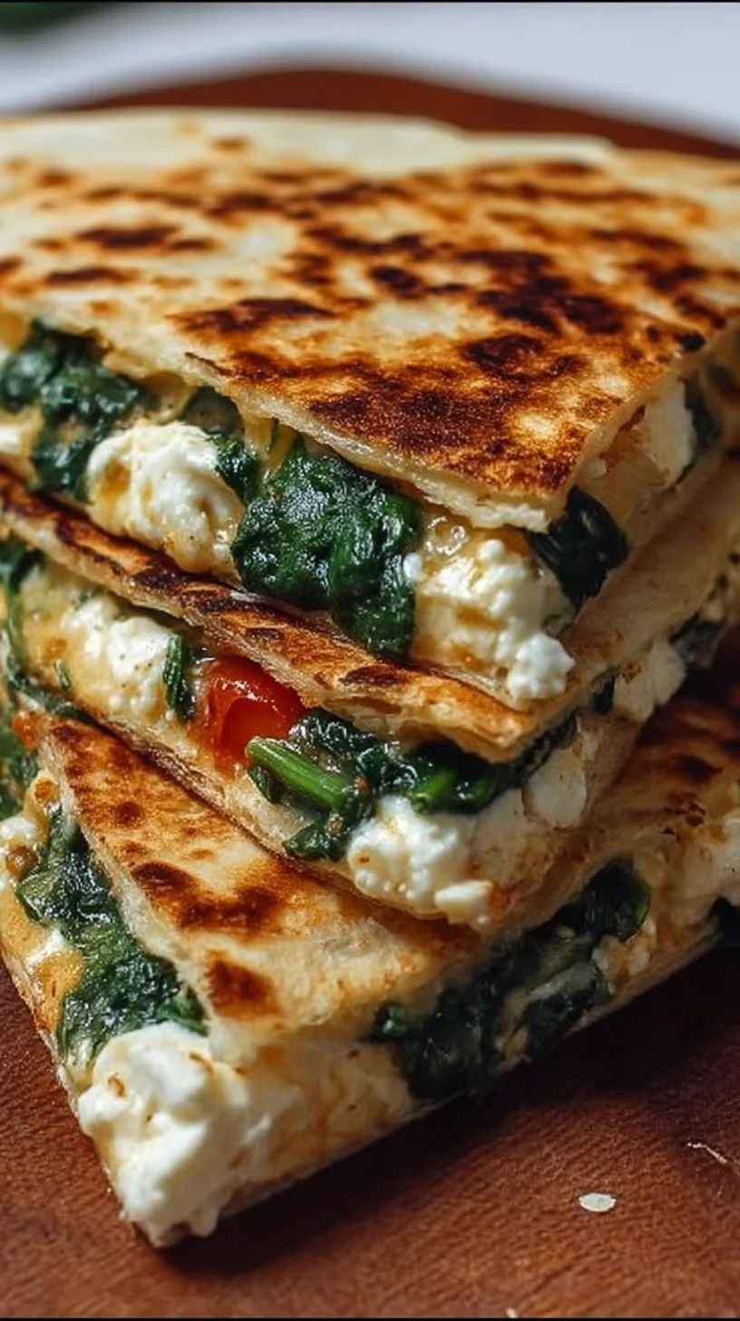 Spinach Feta Quesadillas served on a plate with fresh greens