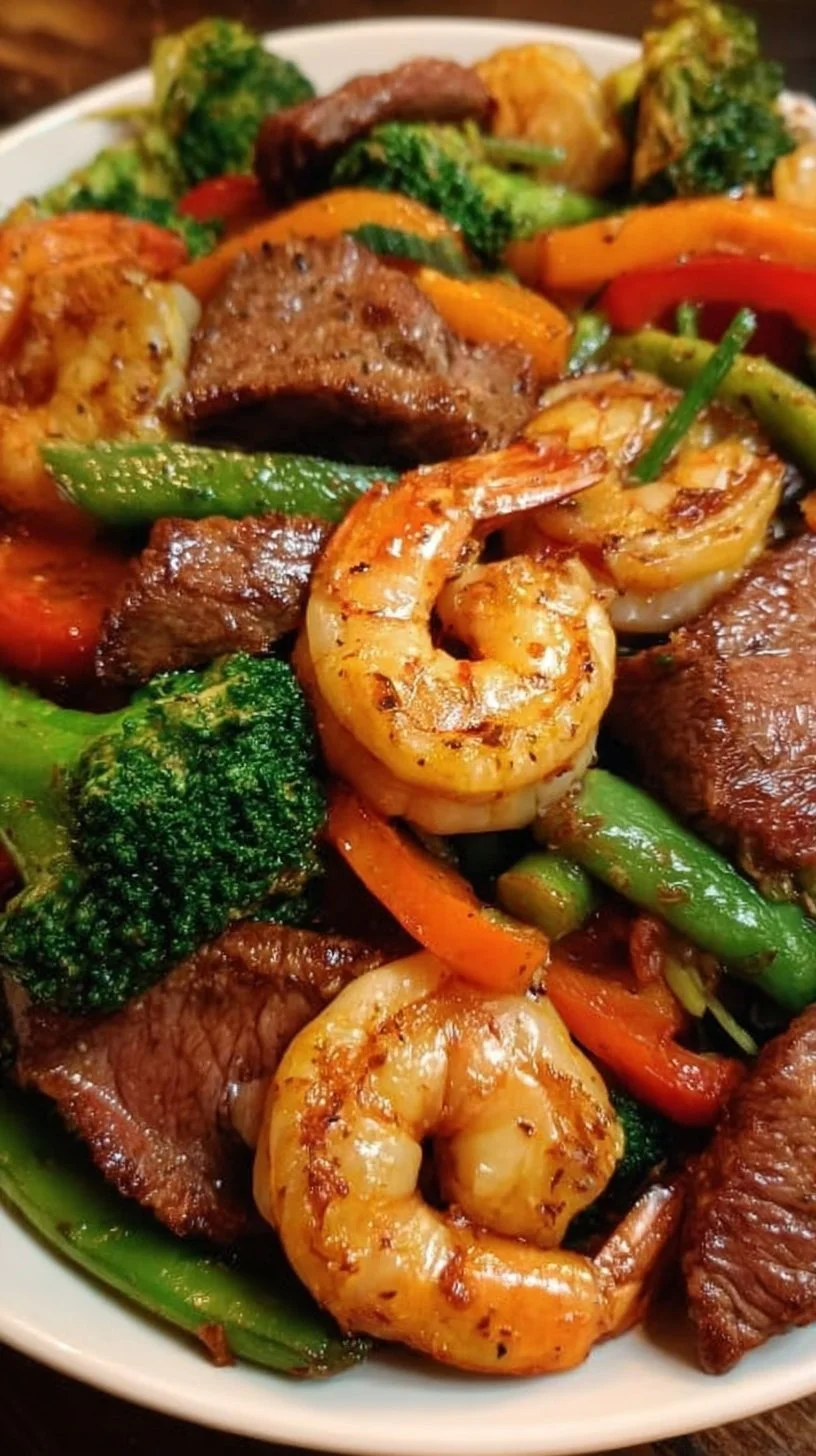 Stir-fried flank steak and shrimp with vibrant vegetables in a skillet.