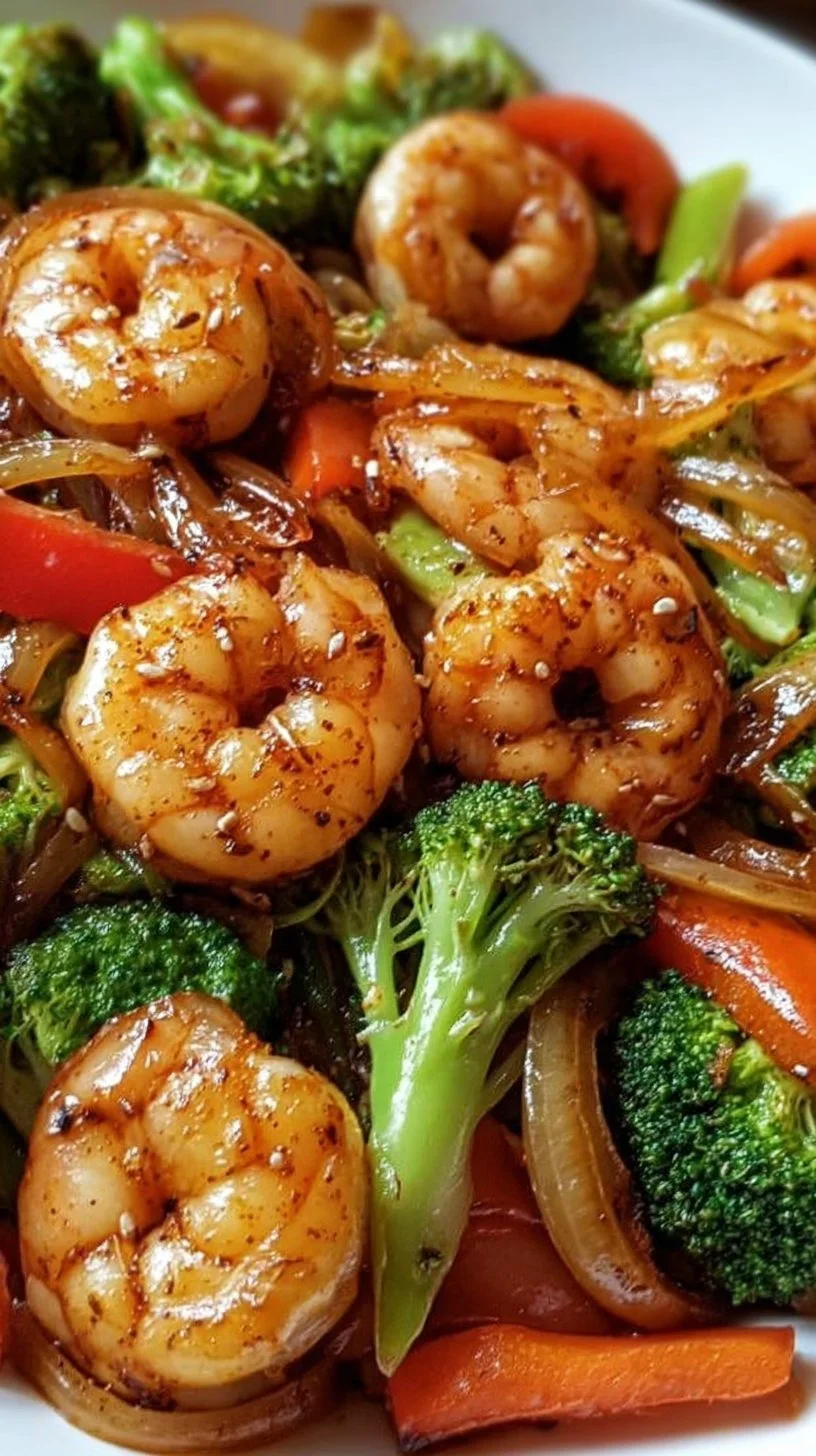 Stir-fried shrimp with colorful vegetables in a skillet