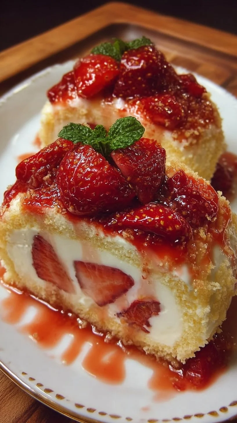 Delicious strawberry cream cheese dessert topped with fresh strawberries and whipped cream.