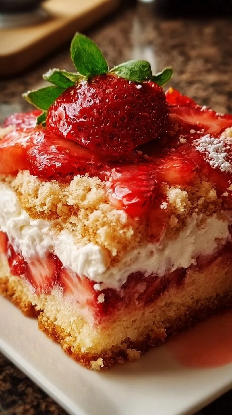 Delicious strawberry shortcake topped with fresh strawberries and whipped cream