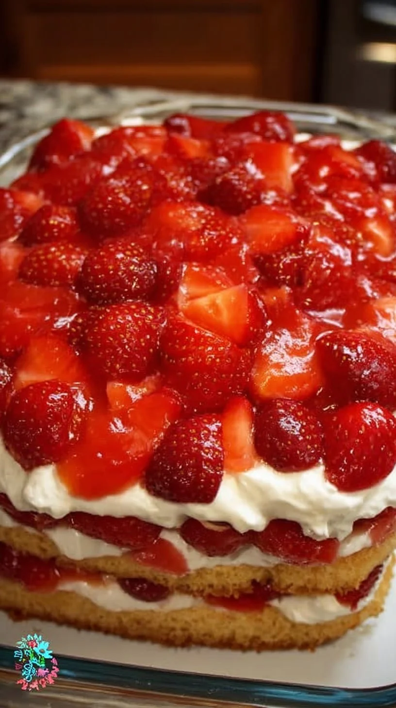Delicious Strawberry Shortcake Cake with fresh strawberries and whipped cream