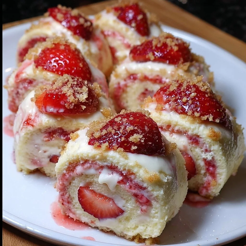 Delicious strawberry shortcake cheesecake rolls on a plate
