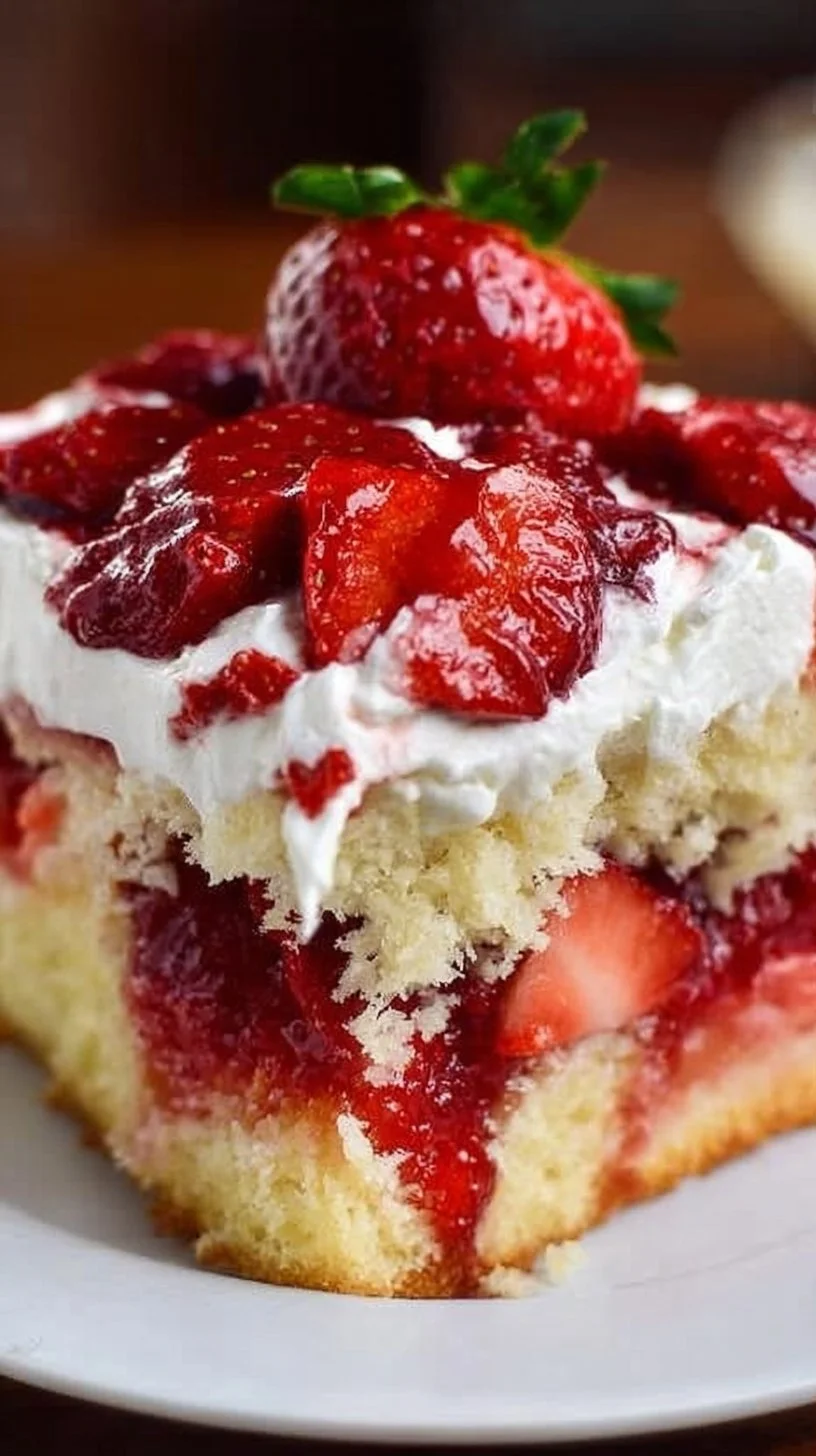 Delicious Strawberry Shortcake Poke Cake topped with fresh strawberries.