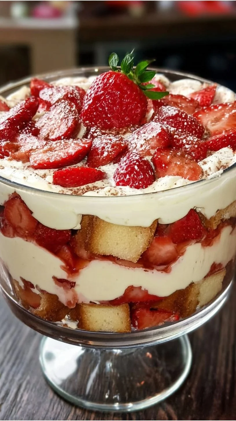 Delicious strawberry trifle with layers of strawberries, custard, and whipped cream