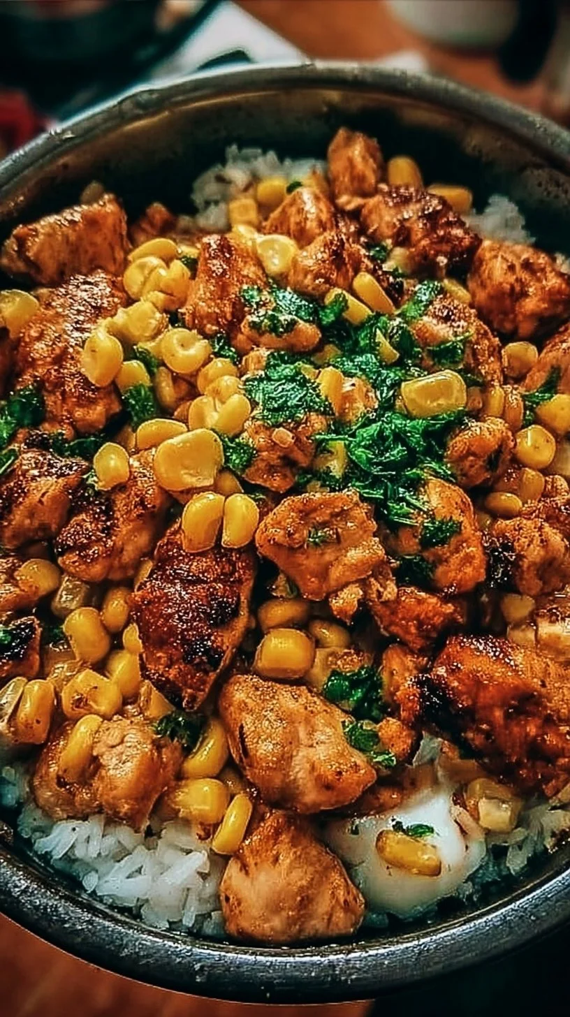 Delicious Street Corn Chicken Rice Bowl garnished with fresh ingredients.