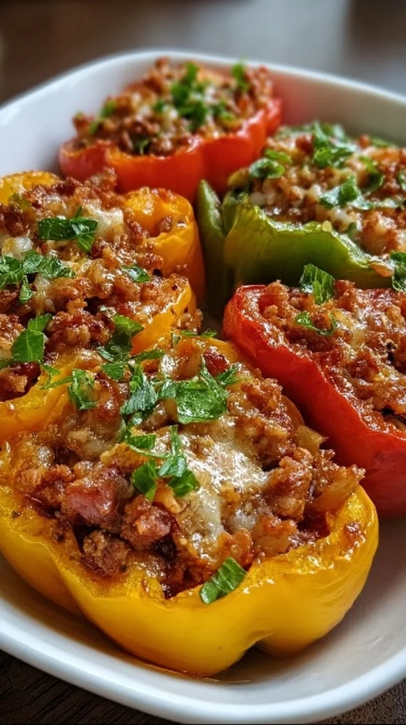 Close-up of delicious stuffed bell peppers filled with rice and vegetables