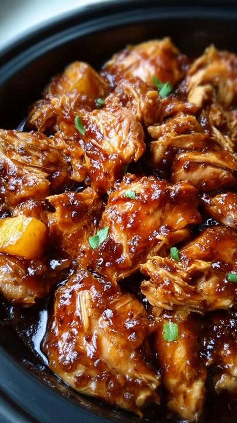 Sweet Hawaiian Crockpot Chicken served with rice and garnished with pineapples.