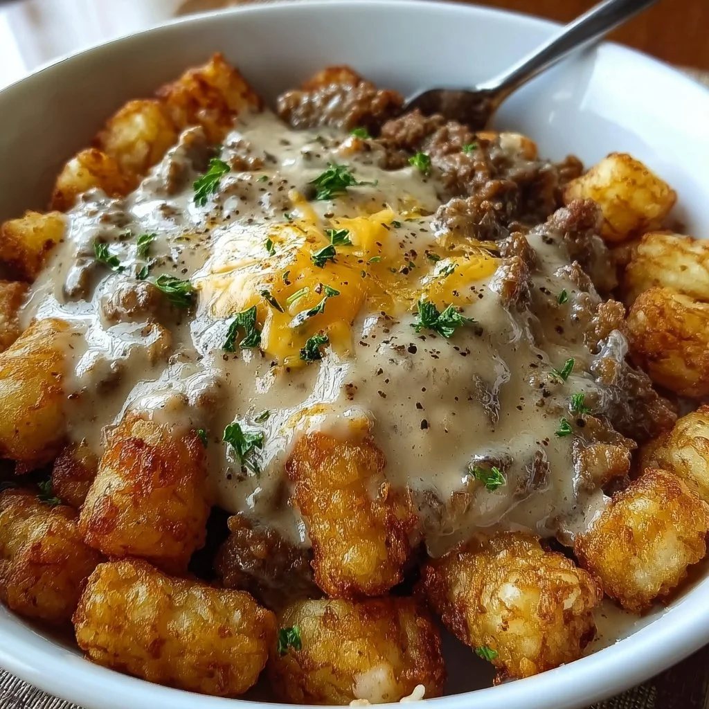 Tater Tot Breakfast Bowl with sausage gravy served in a bowl