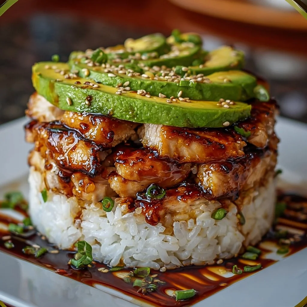 Teriyaki chicken avocado rice stack on a plate garnished with sesame seeds