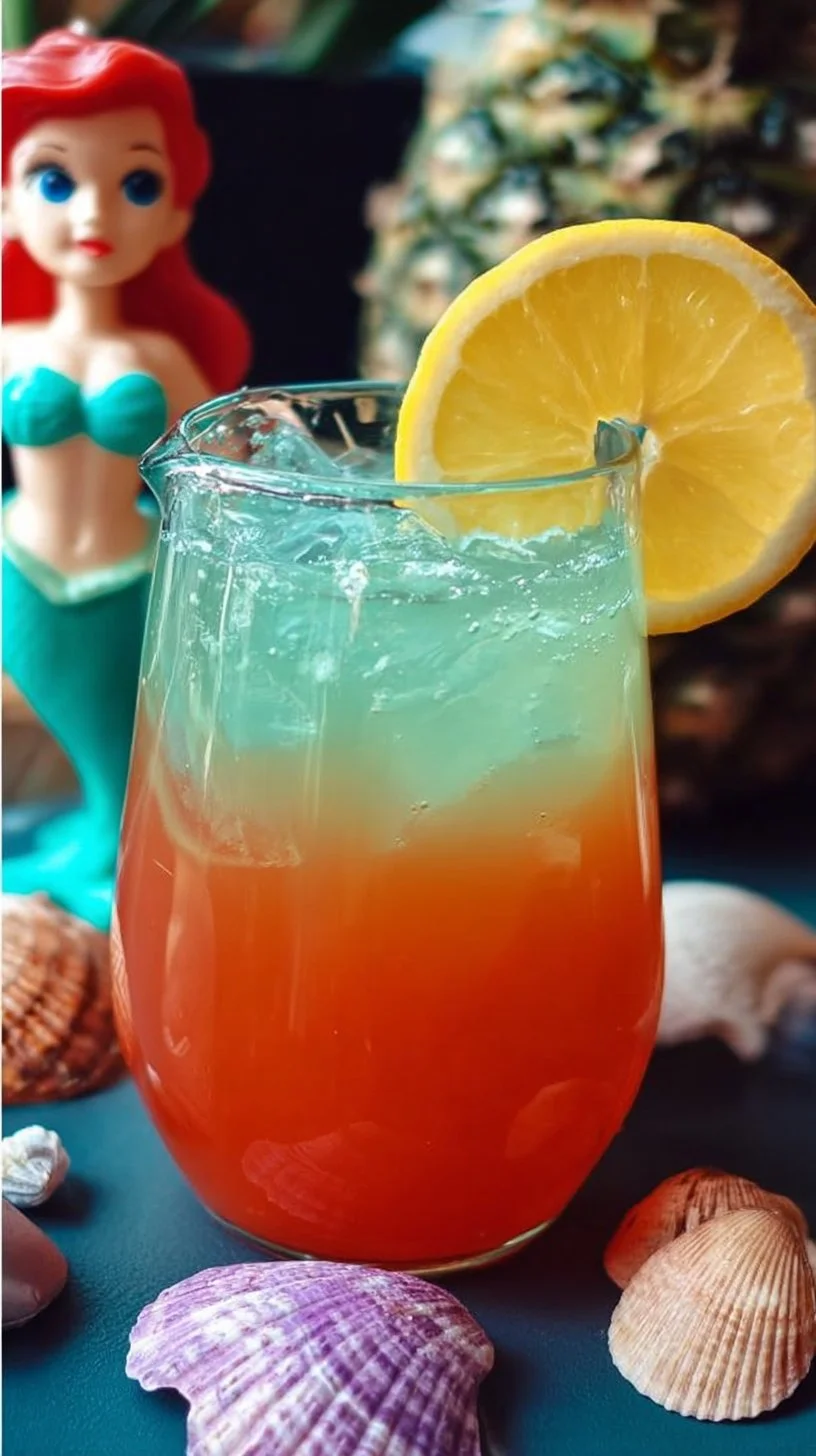 Colorful Tropical Mermaid Punch with fruits in a glass, perfect for summer parties.