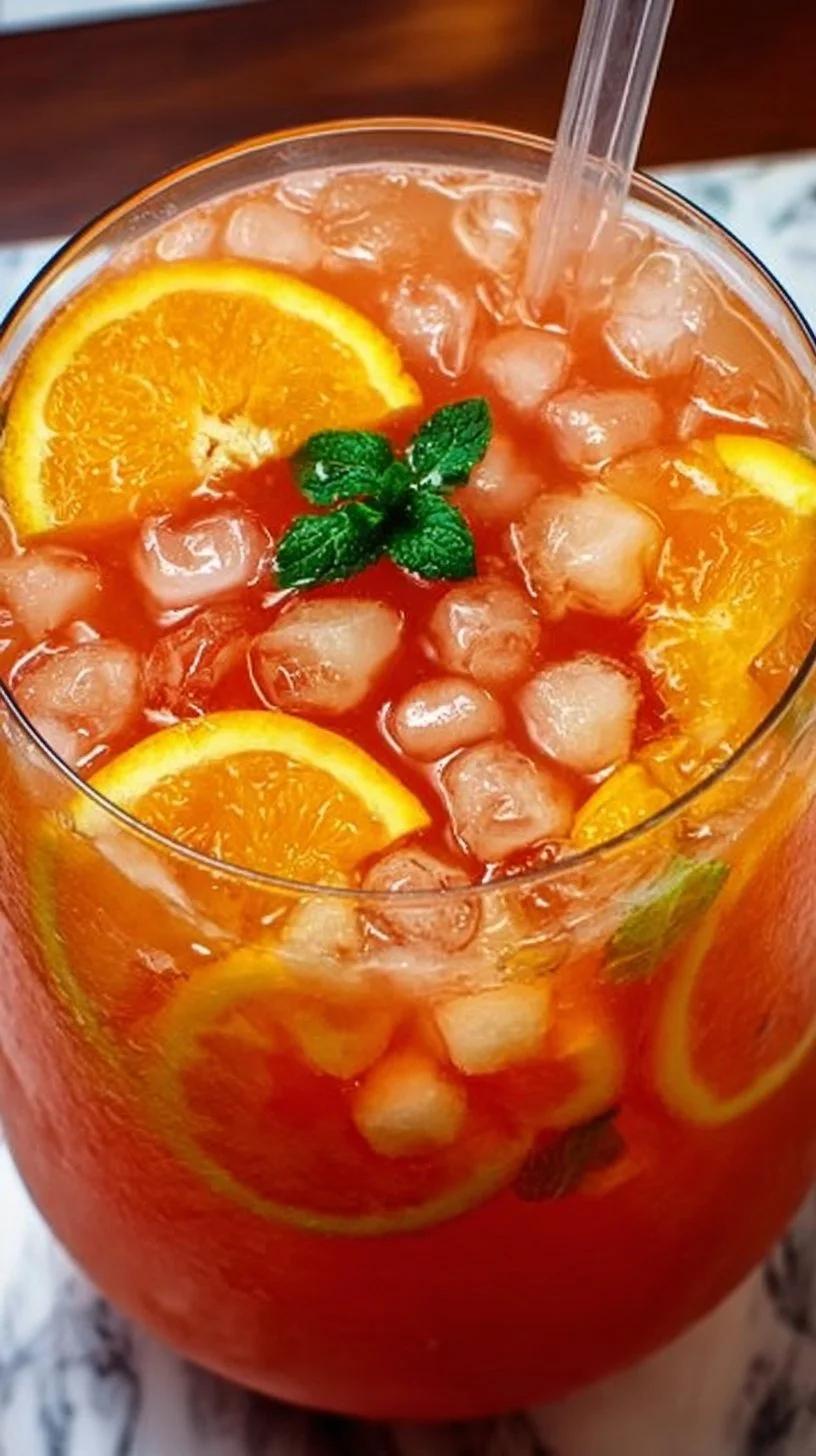 A vibrant glass of Tropical Mermaid Punch with fruits and ice.