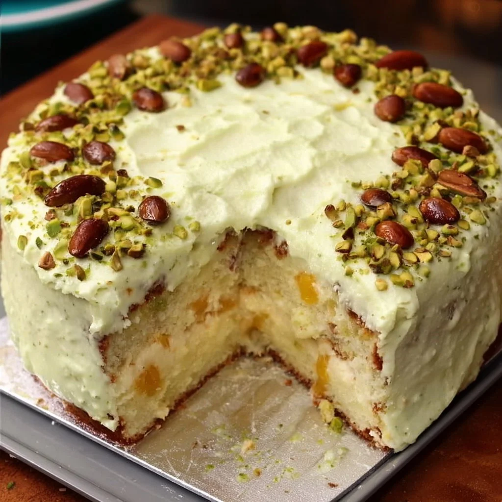Tropical Pistachio Bliss Cake topped with coconut and fruit