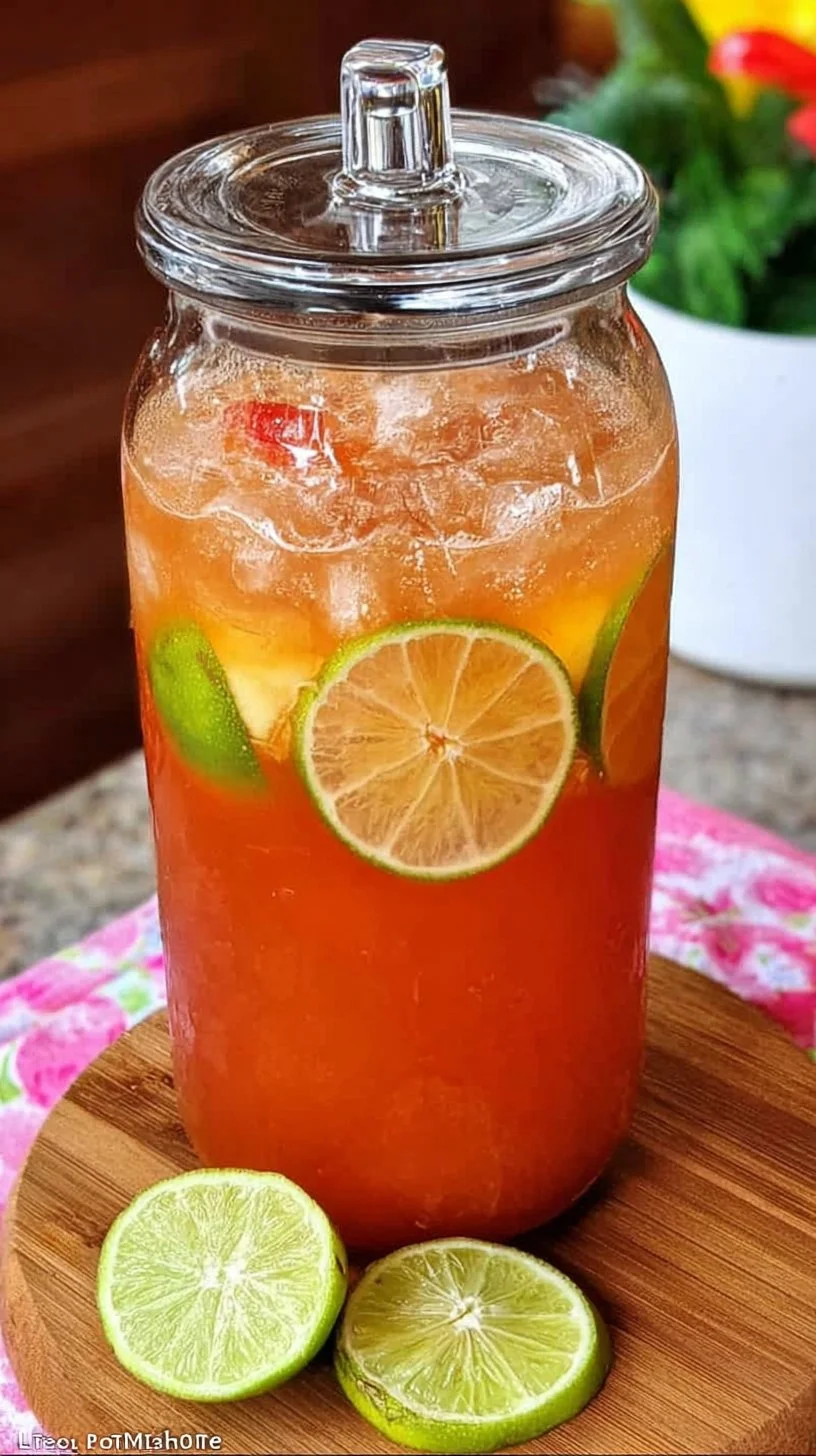 Colorful Tropical Rum Punch served in glasses with tropical fruits