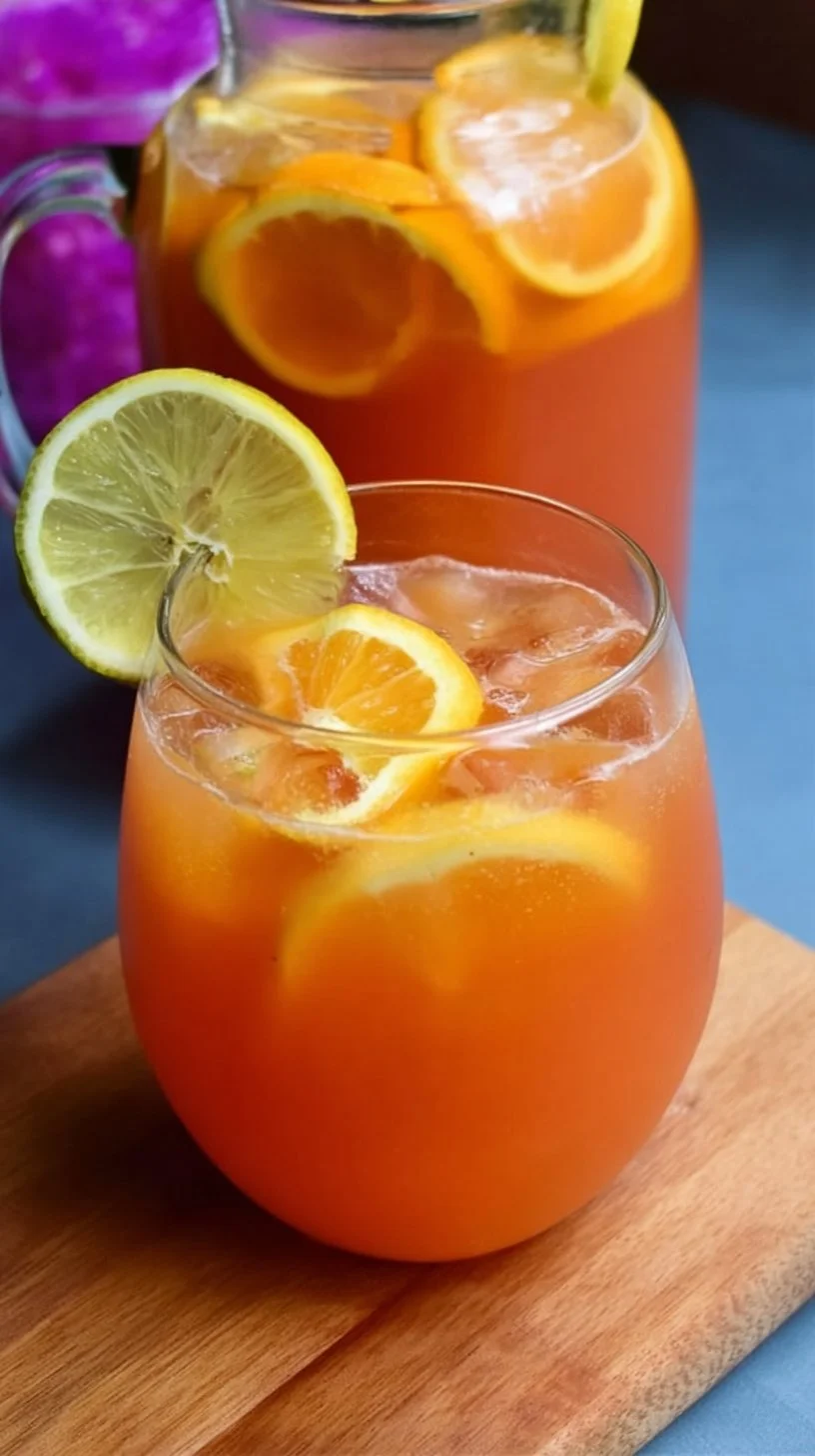 Tropical Rum Punch served in a colorful cocktail glass with fruit garnish