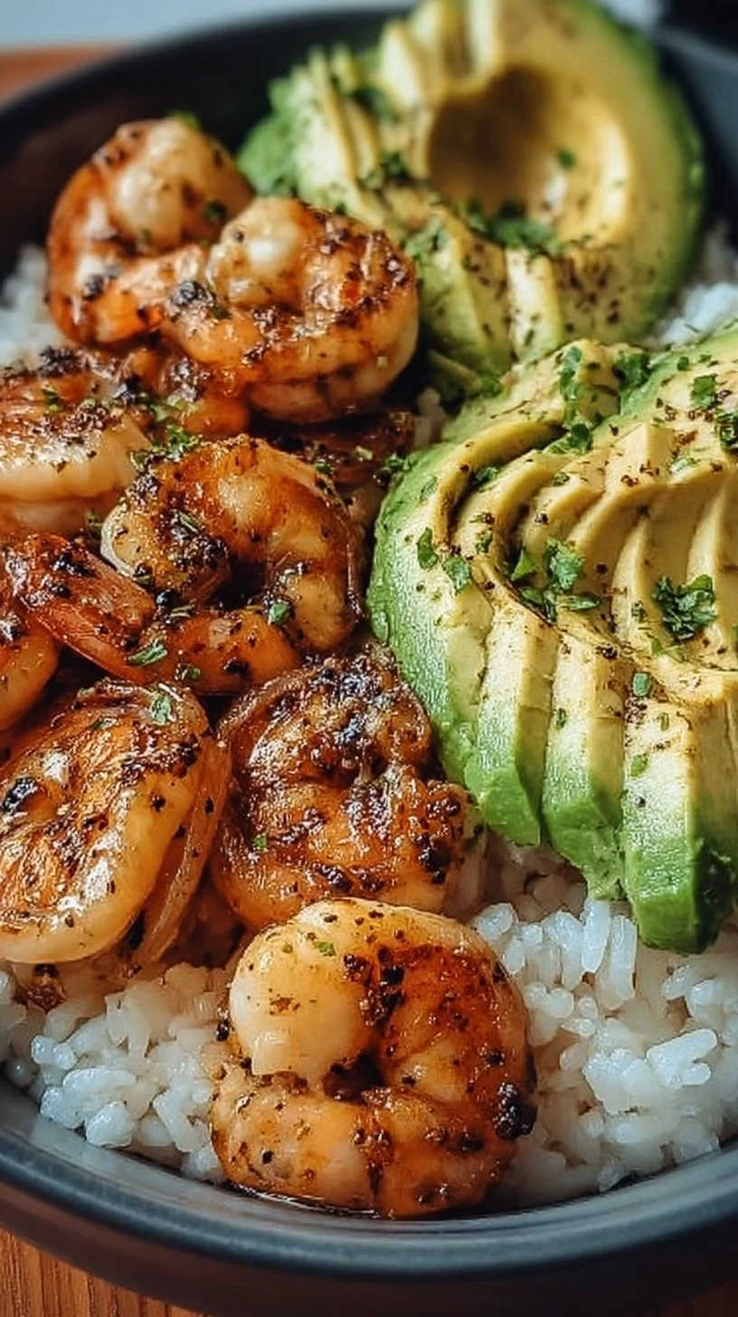 Zesty Shrimp and Avocado Rice Bowl garnished with fresh ingredients