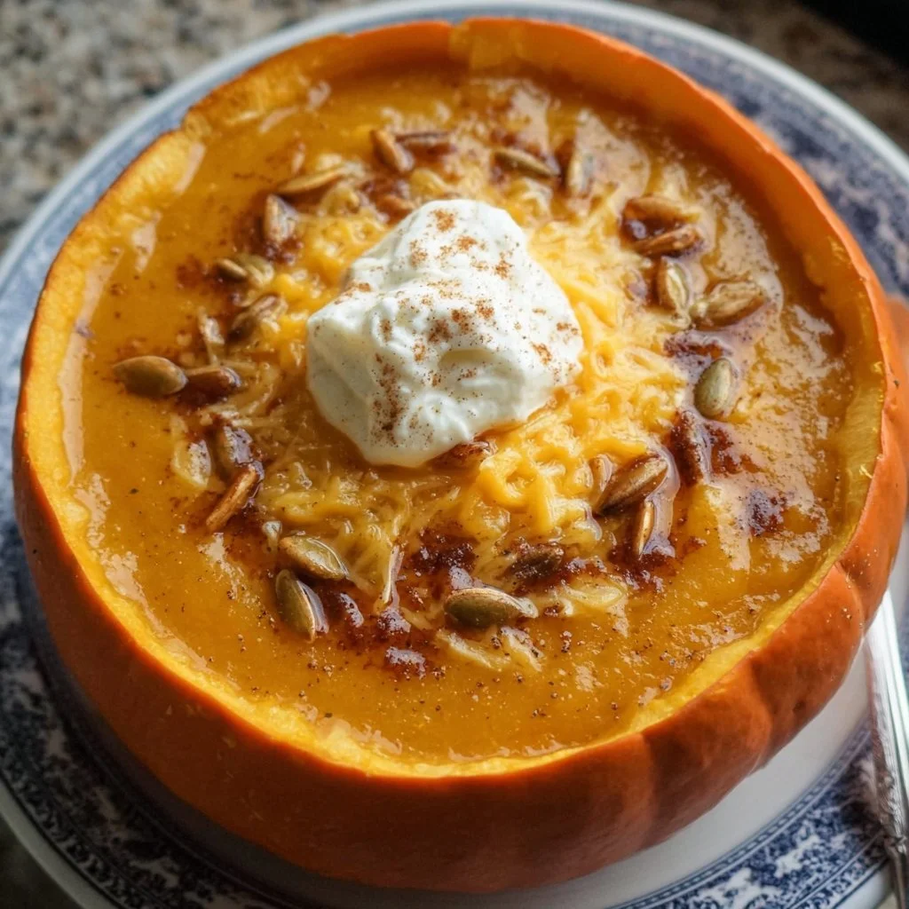 Creamy autumn harvest soup with butternut squash and pumpkin in a bowl
