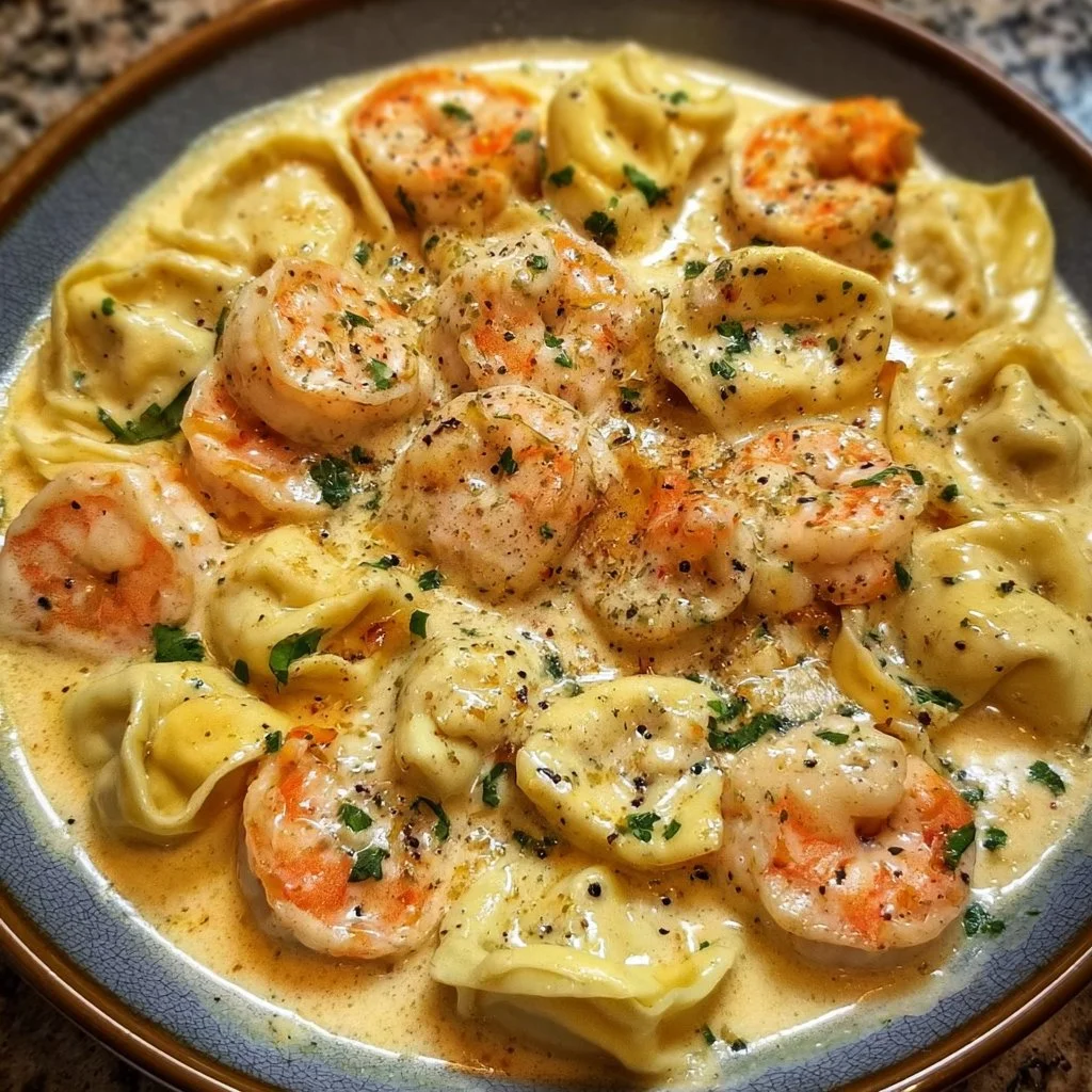 Shrimp tortellini with a creamy lemon garlic sauce on a white plate