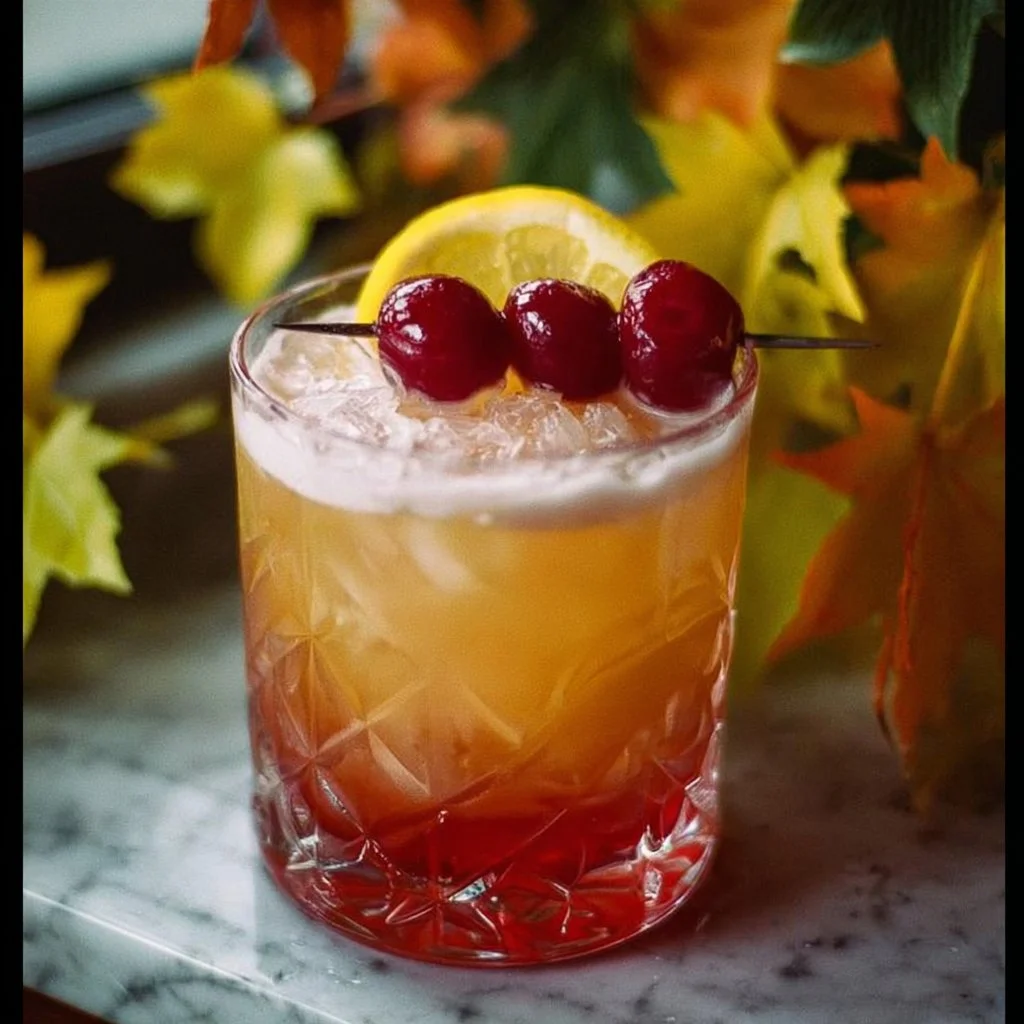 A delicious Autumn Gin Sour cocktail garnished with fresh herbs and citrus.