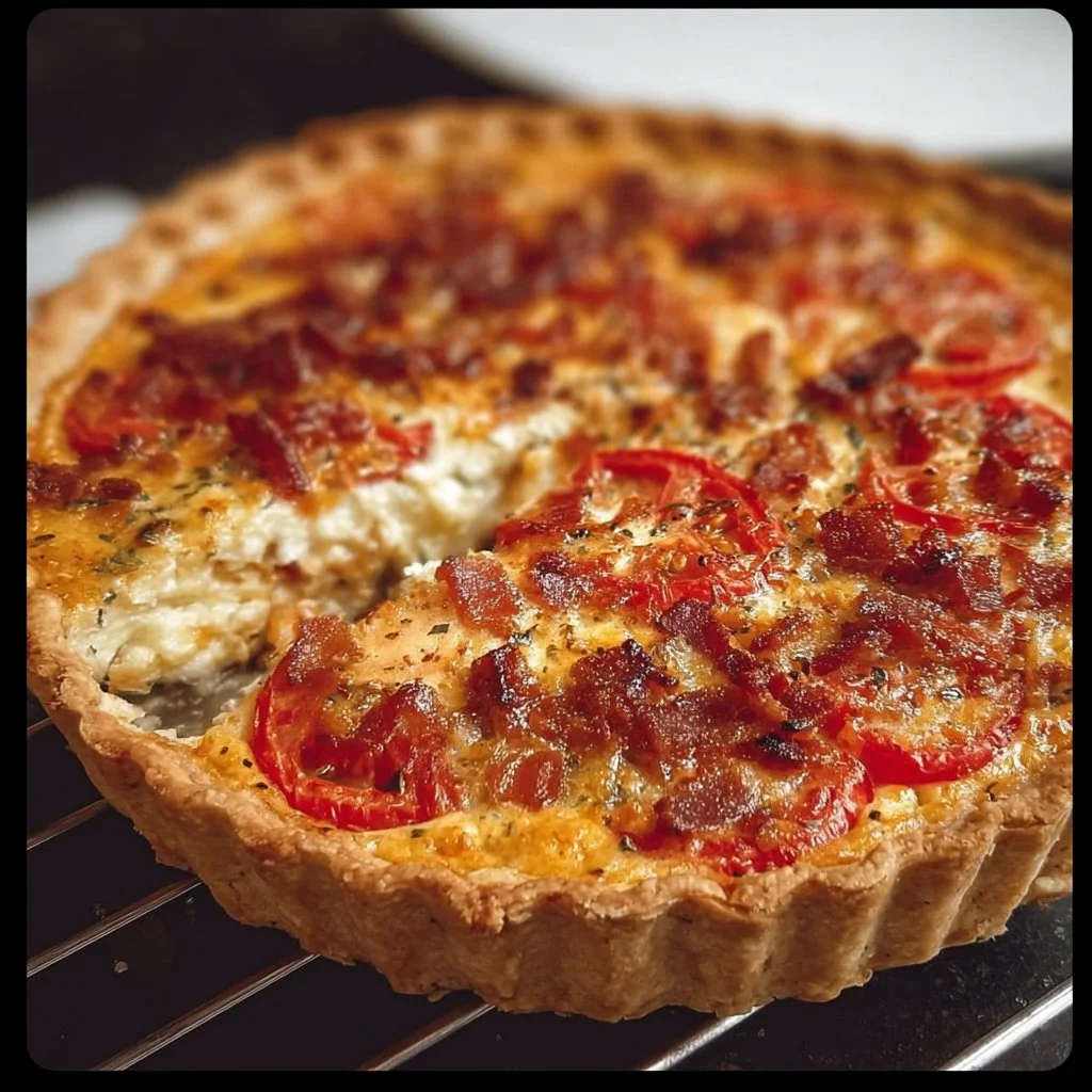 Delicious Bacon Onion Tomato Pie with crispy bacon and fresh tomatoes