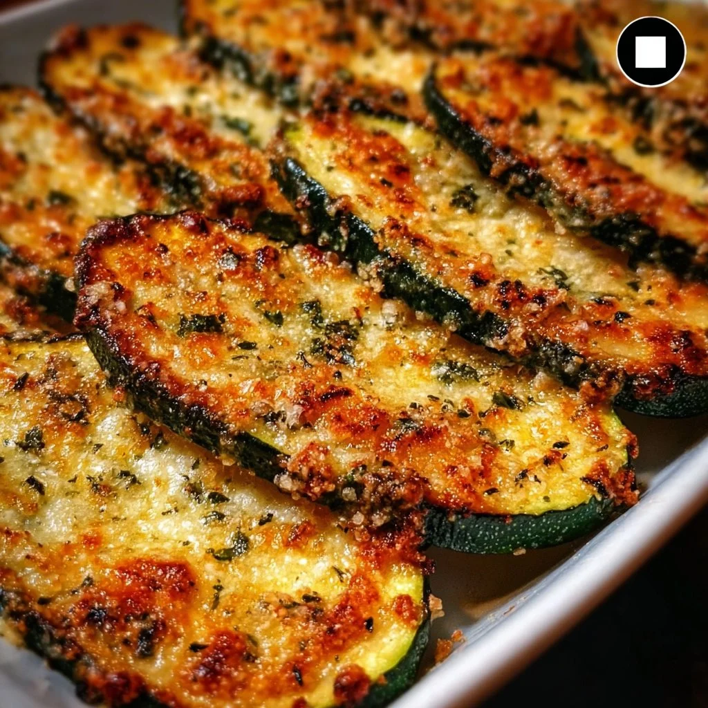 Baked Parmesan Zucchini served on a plate garnished with herbs