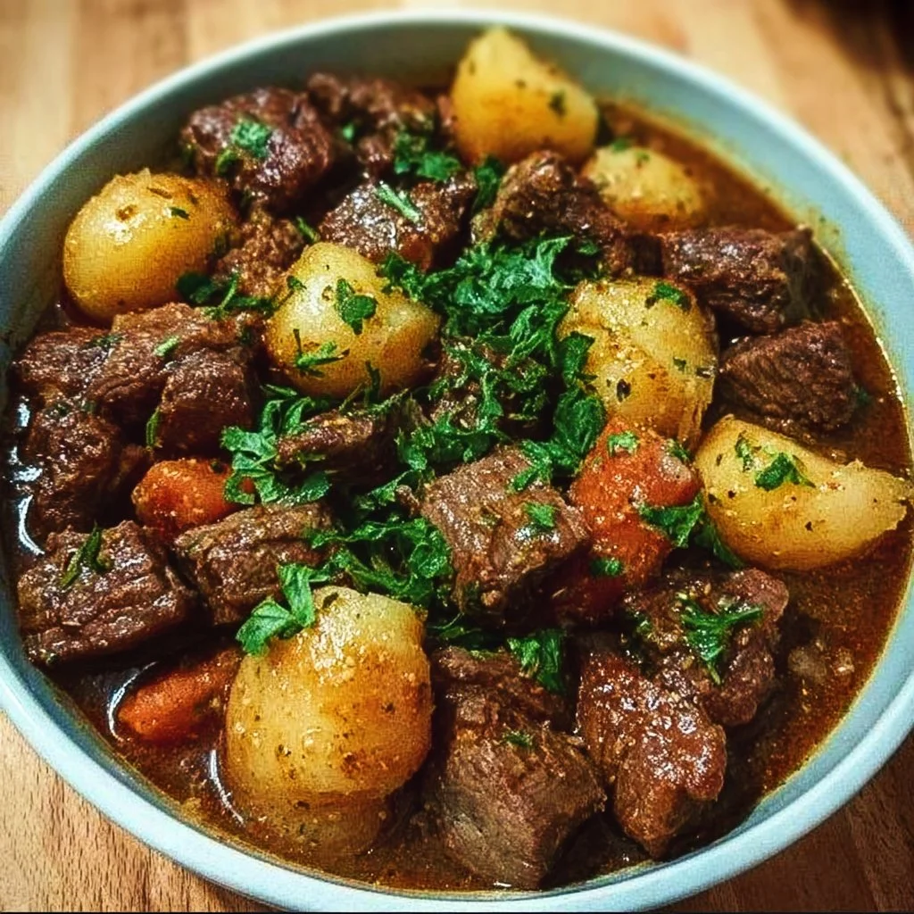 Hearty beef stew simmering in a pot with vegetables and herbs
