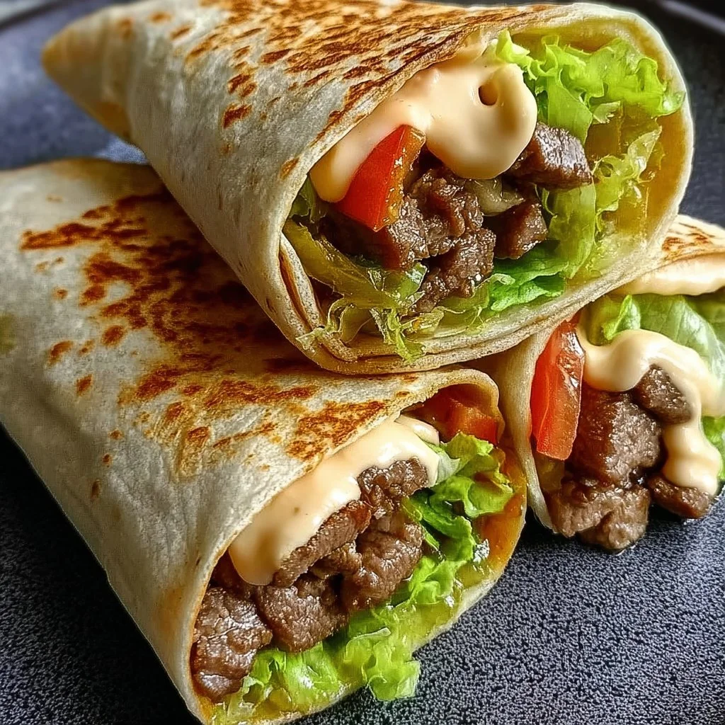 Delicious beef wraps filled with fresh ingredients and rolled in a tortilla.