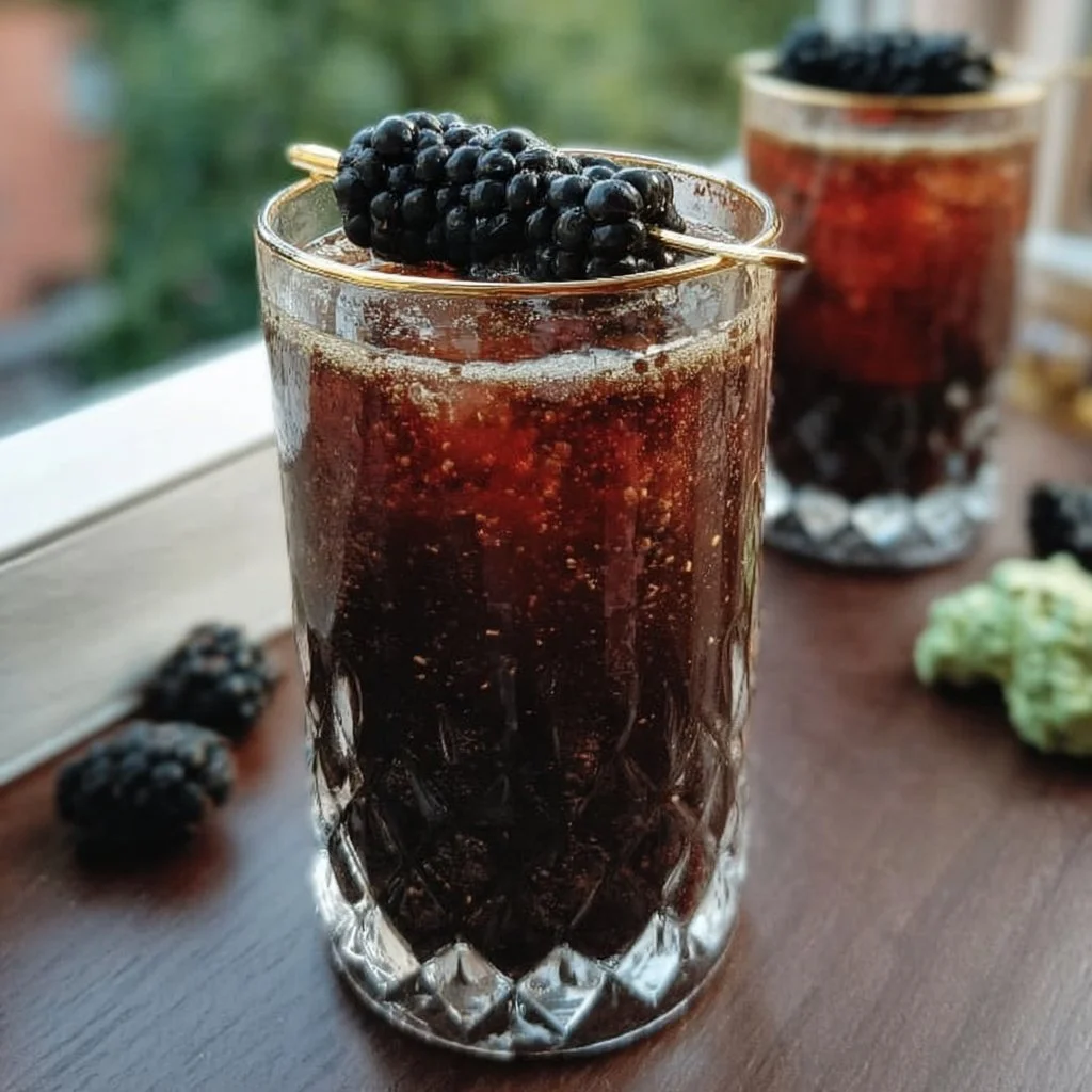 A refreshing Blackberry Rum cocktail garnished with blackberries and mint.