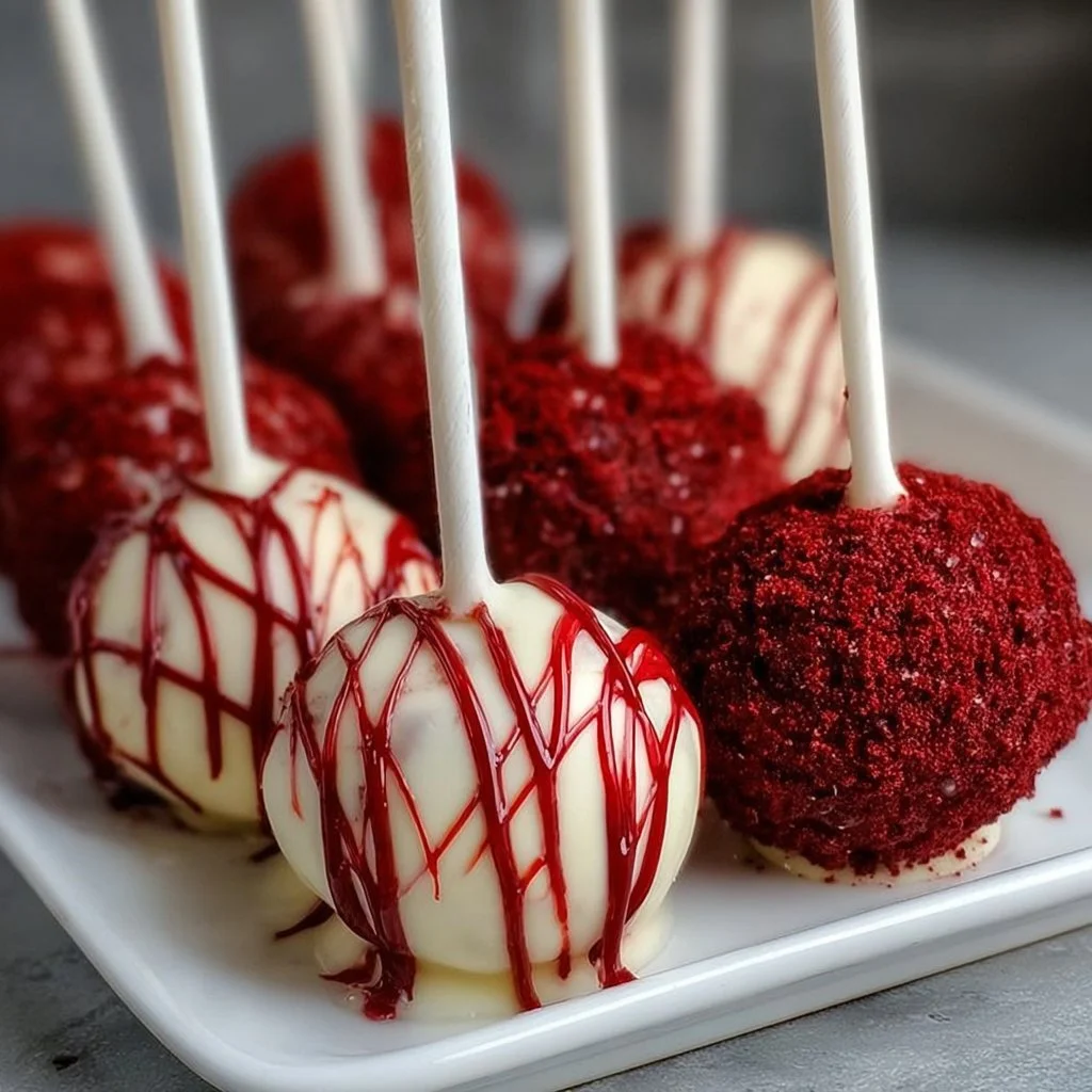 Bloody red velvet cake pops decorated with chocolate drizzle for a spooky treat.