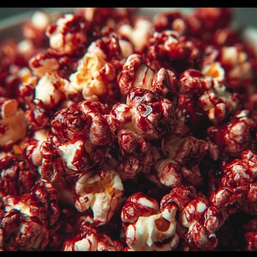Bloody red velvet popcorn in a decorative bowl for festive celebrations