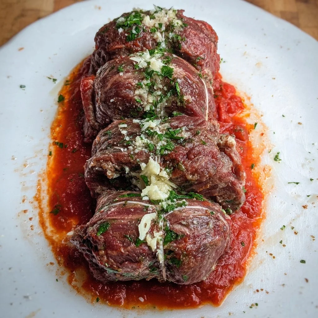 Delicious braciole with rich tomato sauce served on a plate
