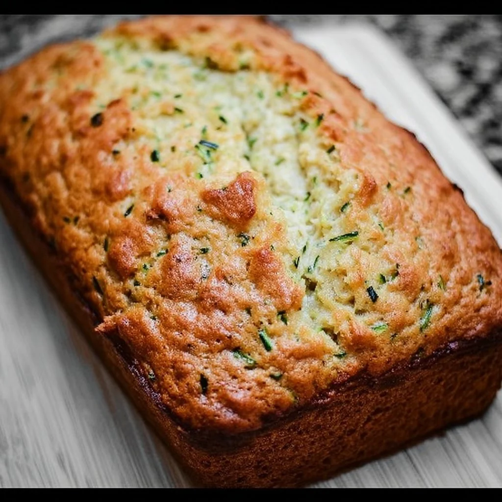 Slice of cheddar zucchini bread fresh from the oven, garnished with herbs.