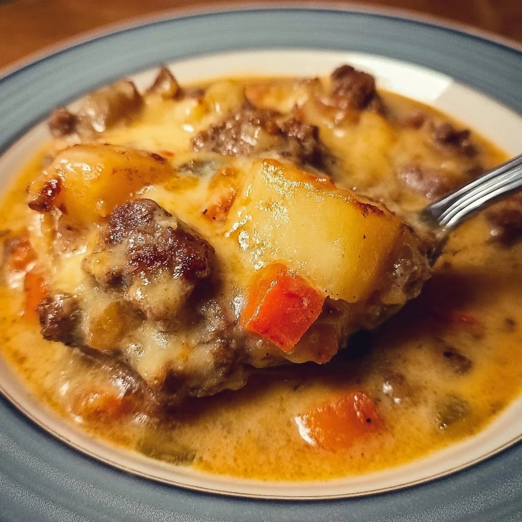 Cheesy Beef and Vegetable Casserole topped with melted cheese and fresh vegetables