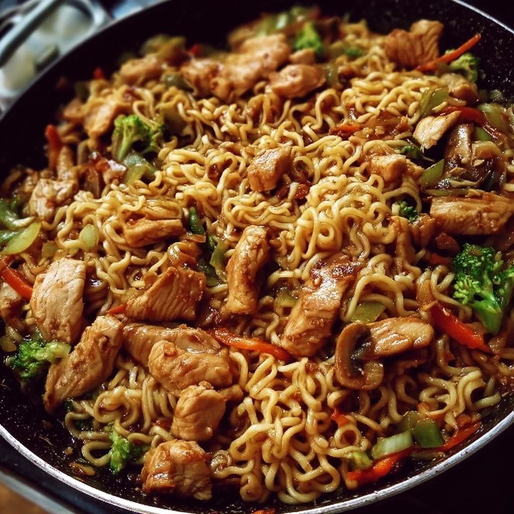 A delicious bowl of chicken ramen stir fry topped with fresh vegetables and herbs.