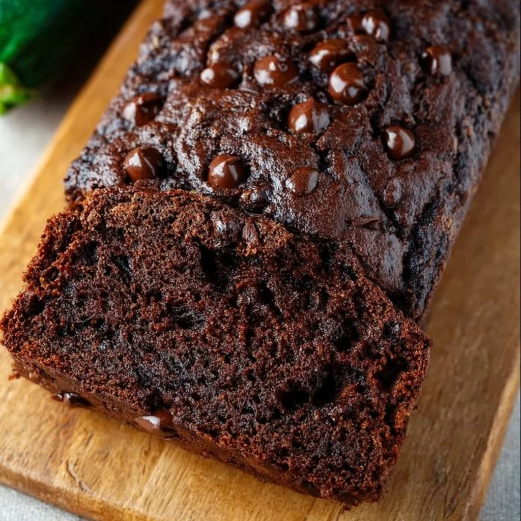 Delicious chocolate zucchini bread sliced on a wooden board
