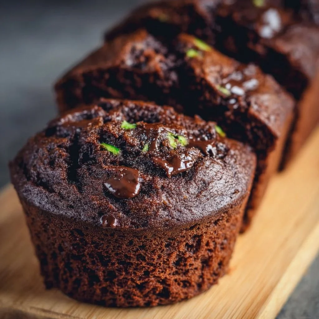 Slice of homemade chocolate zucchini bread with chocolate chips and zucchini