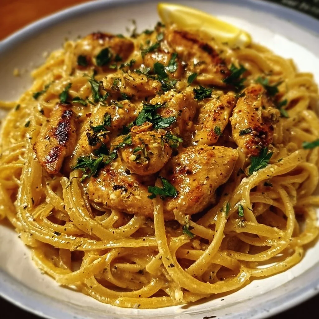 Delicious Cowboy Butter Chicken Linguine featuring creamy butter chicken sauce and pasta.