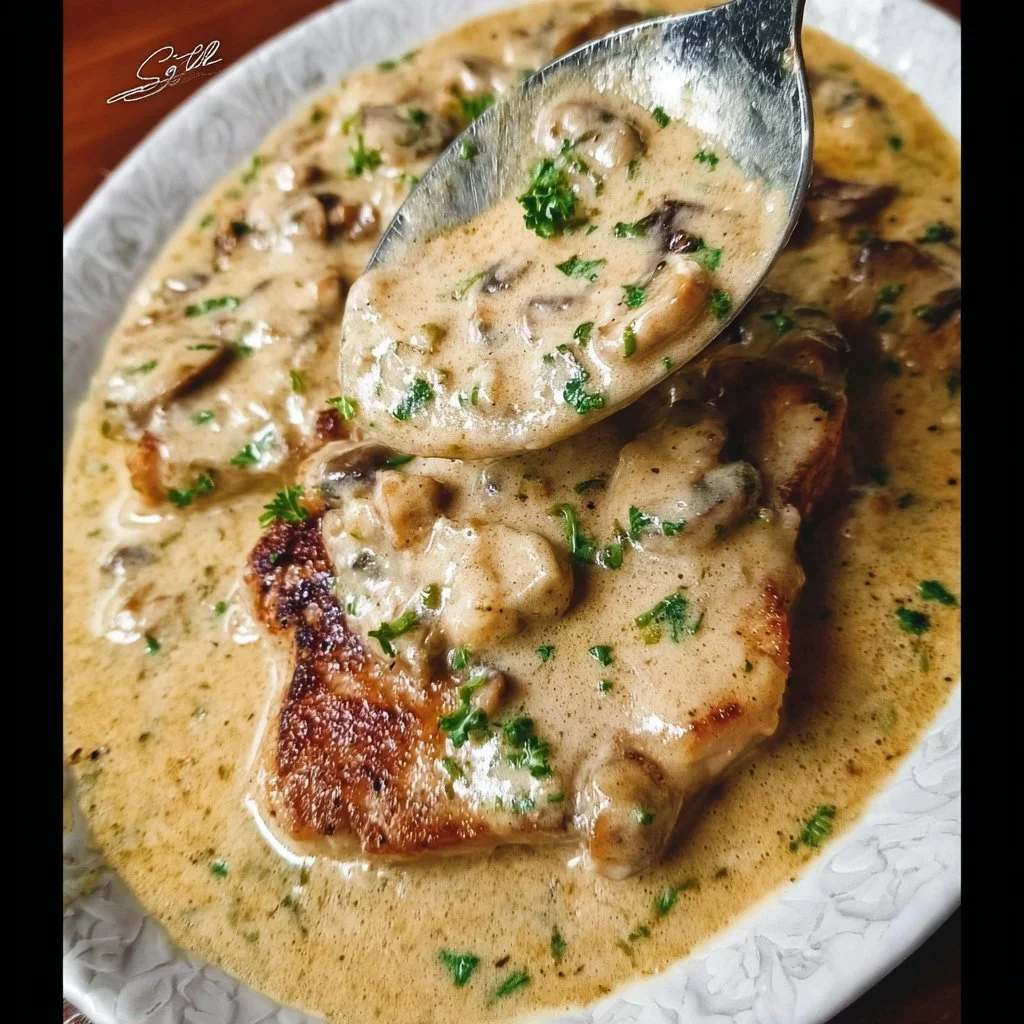 Cream of mushroom pork chops served on a plate with herbs and spices.
