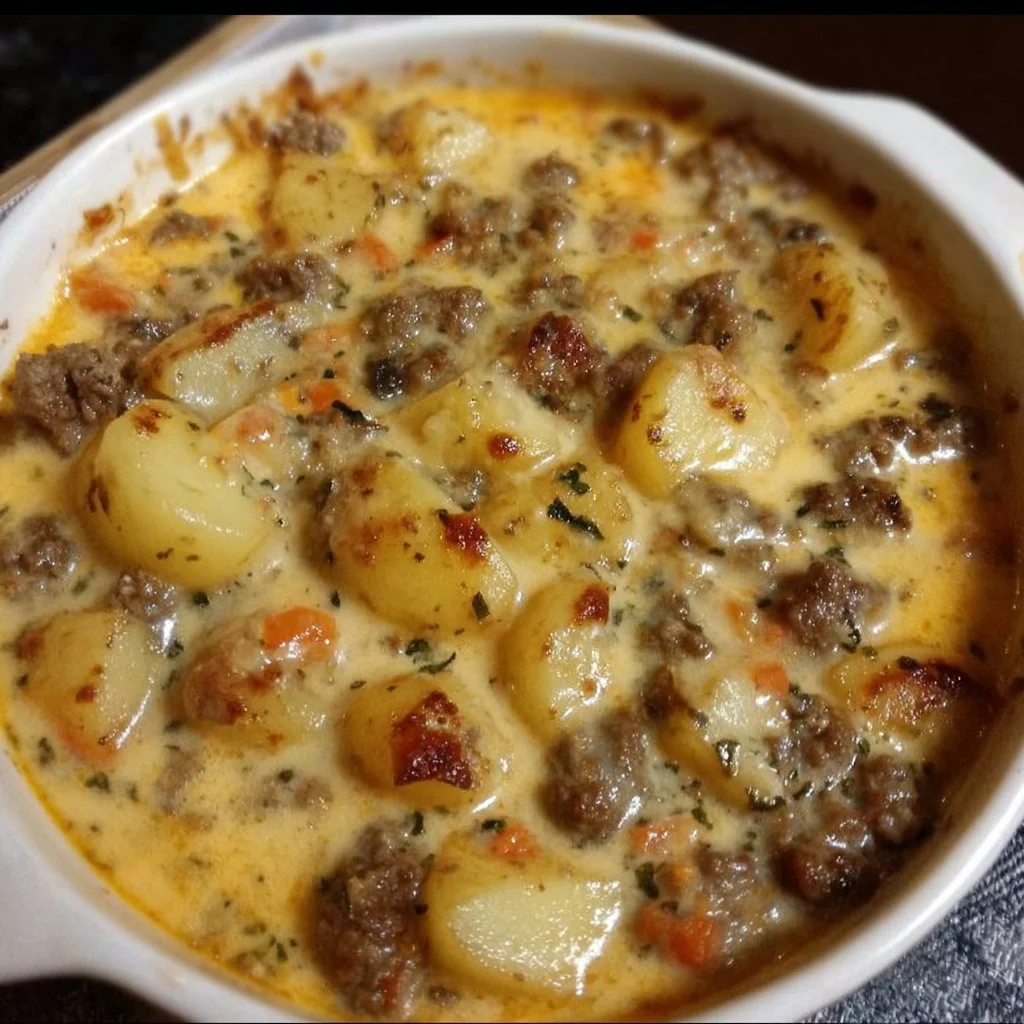 Creamy beef and potato casserole garnished and ready to serve