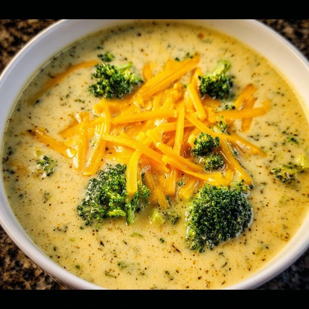 Creamy broccoli cheddar soup served in a bowl with garnishes